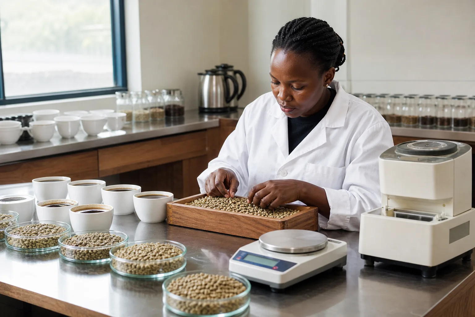 Coffee quality control laboratory inspecting green beans and cupping samples